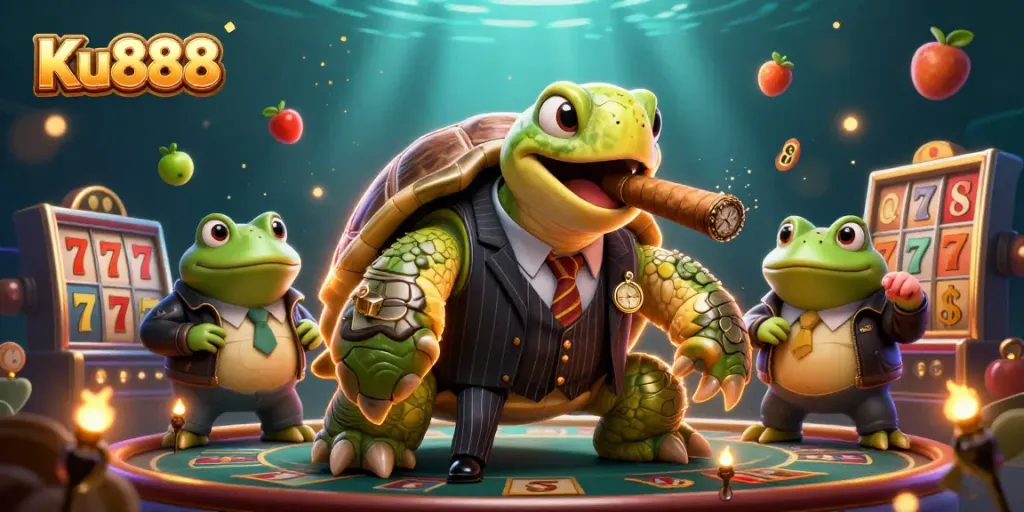 Engage with Ku888's vibrant casino gaming scene featuring a turtle mobster amidst slot reels and lucky symbols.