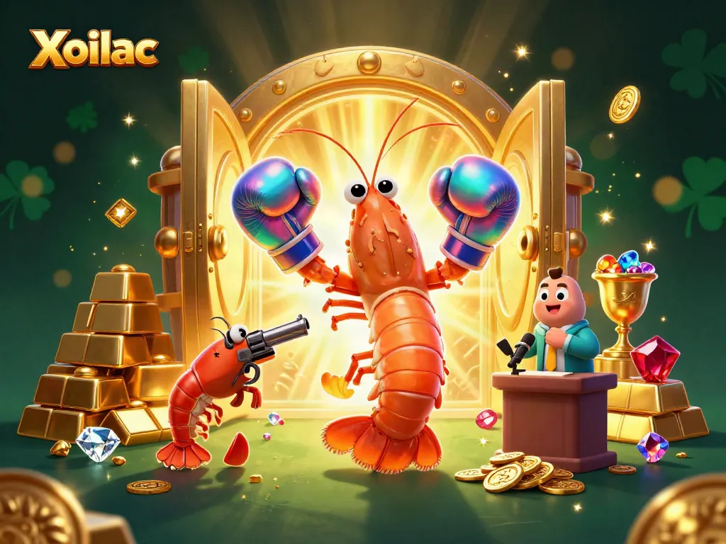 Xoilac showcases a vibrant cartoon scene featuring ocean shrimp champions with casino treasures.