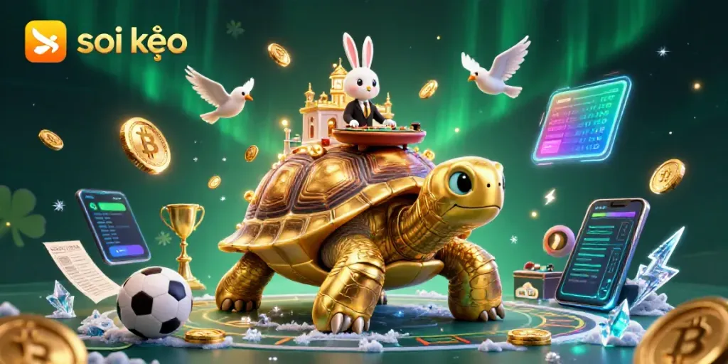 Soi kèo sports betting scene with golden tortoise casino, rabbit dealer, and flying coins