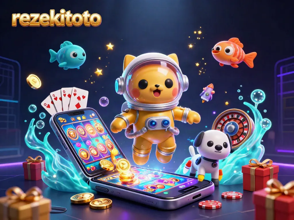 Experience rezekitoto's thrilling gaming atmosphere with a vibrant casino scene featuring slot games and exciting character adventures.