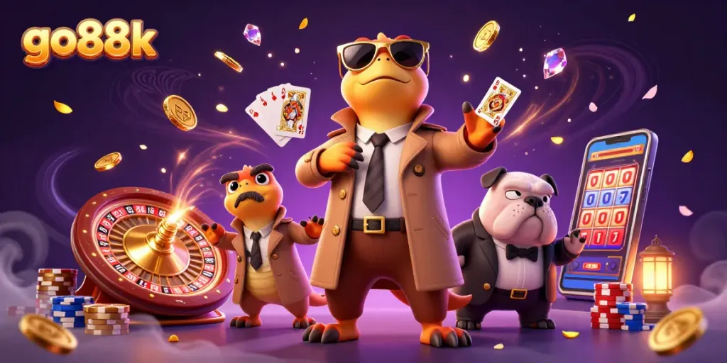 Participate in thrilling betting at go88k VIP lounge featuring cartoon raptors in trench coat.