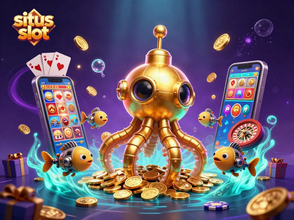 Spin the reels of situs slot with a golden kraken submarine and a vibrant underwater casino scene.