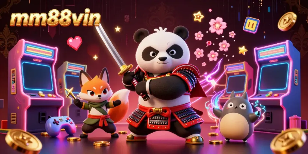 Experience the excitement of mm88vin with a vibrant 3D casino illustration showcasing dynamic characters and gaming elements.
