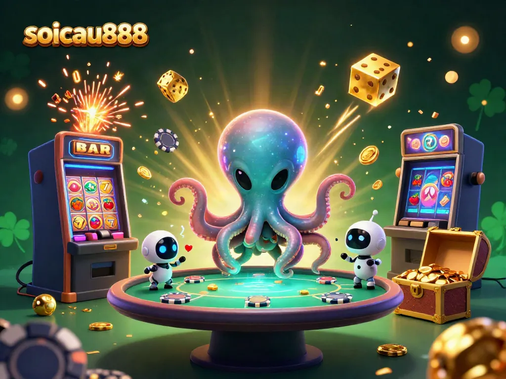 Experience the thrill of soicau888 with a vibrant alien casino scene featuring an octopus at a poker table.