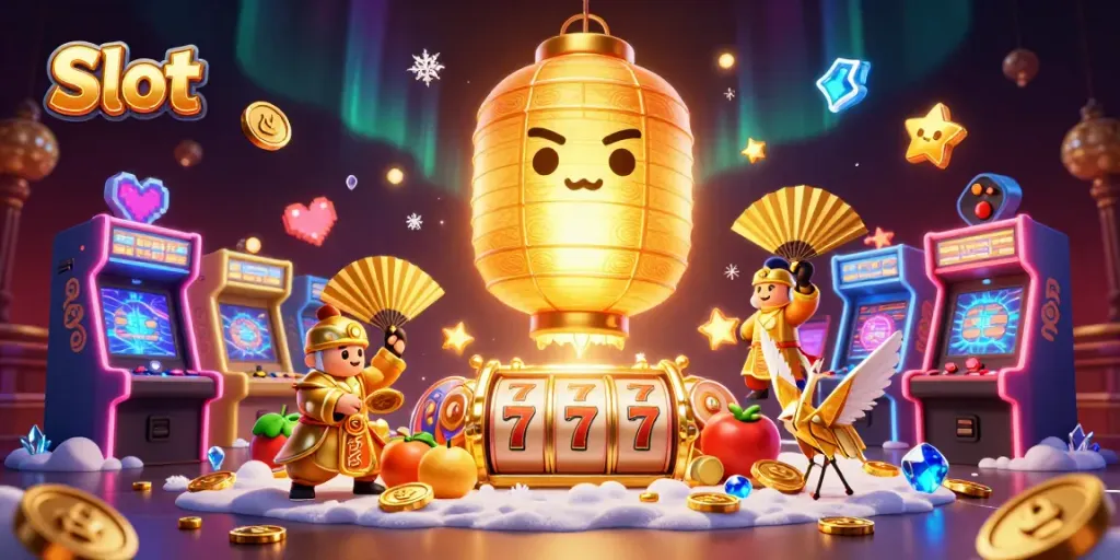 Spin the Slot reels with energetic characters in a vibrant casino scene highlighting luck.
