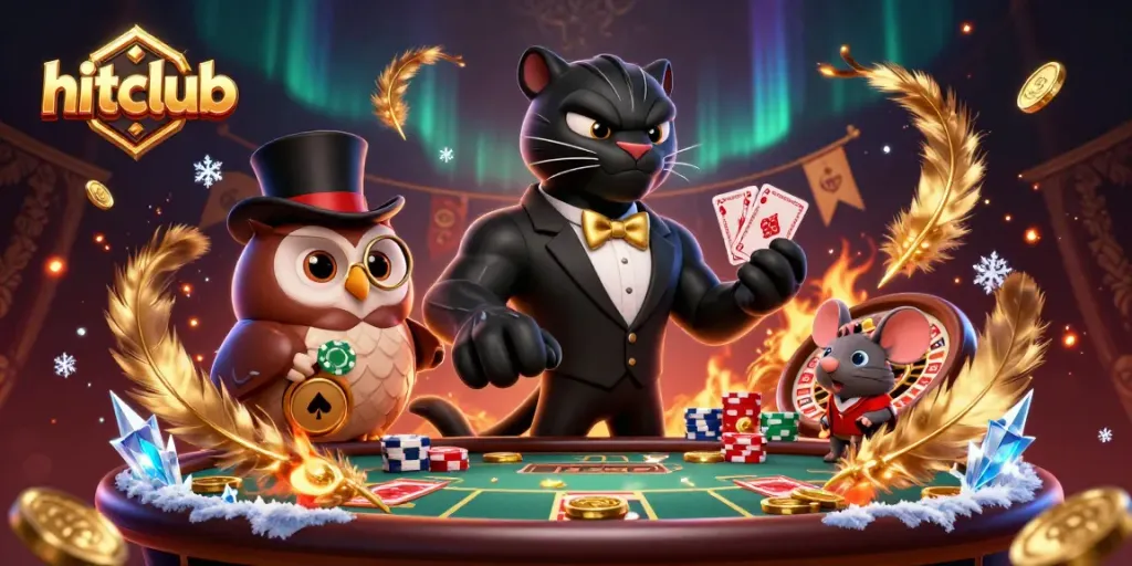 Hitclub features a stylish panther dealer and an owl with poker chips in a vibrant casino atmosphere.