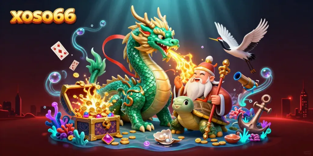 Experience the magic of xoso66 with a jade dragon and lucky cranes in a vibrant gaming scene.