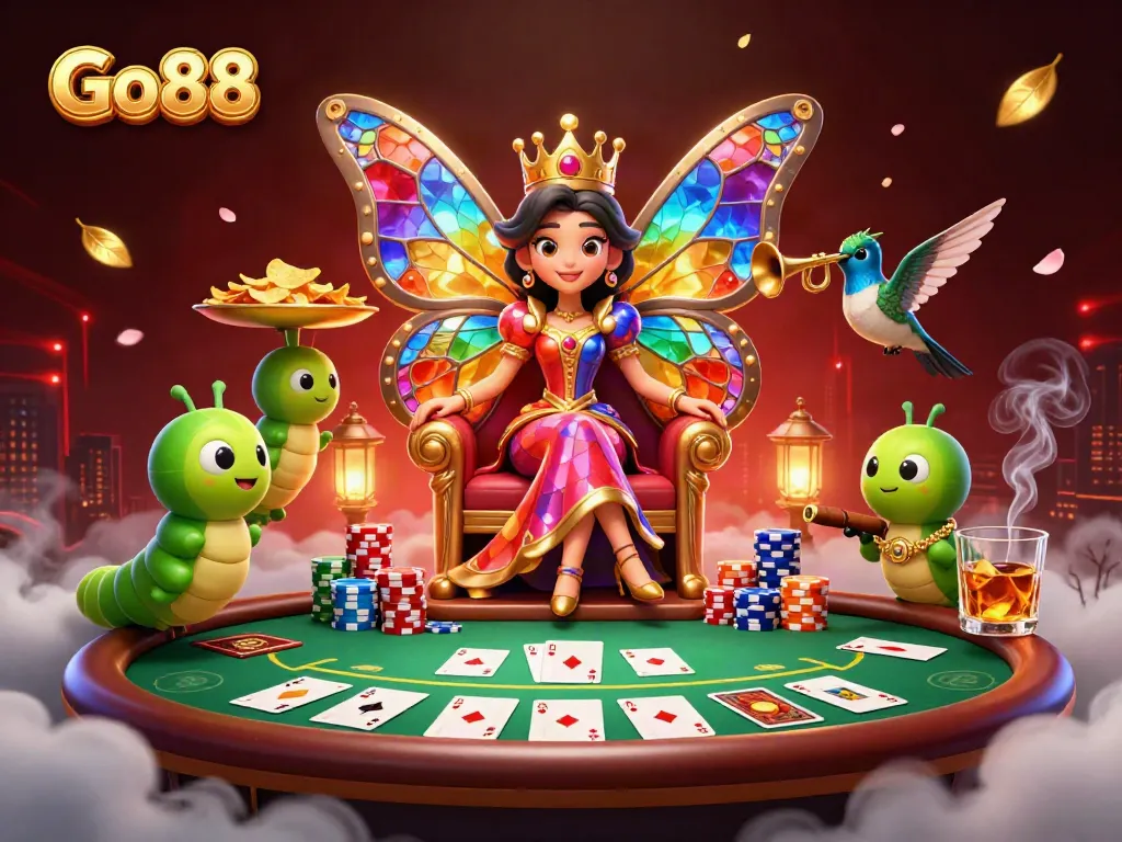 Experience Go88's vibrant gaming world with a dazzling butterfly queen and lively poker setting.