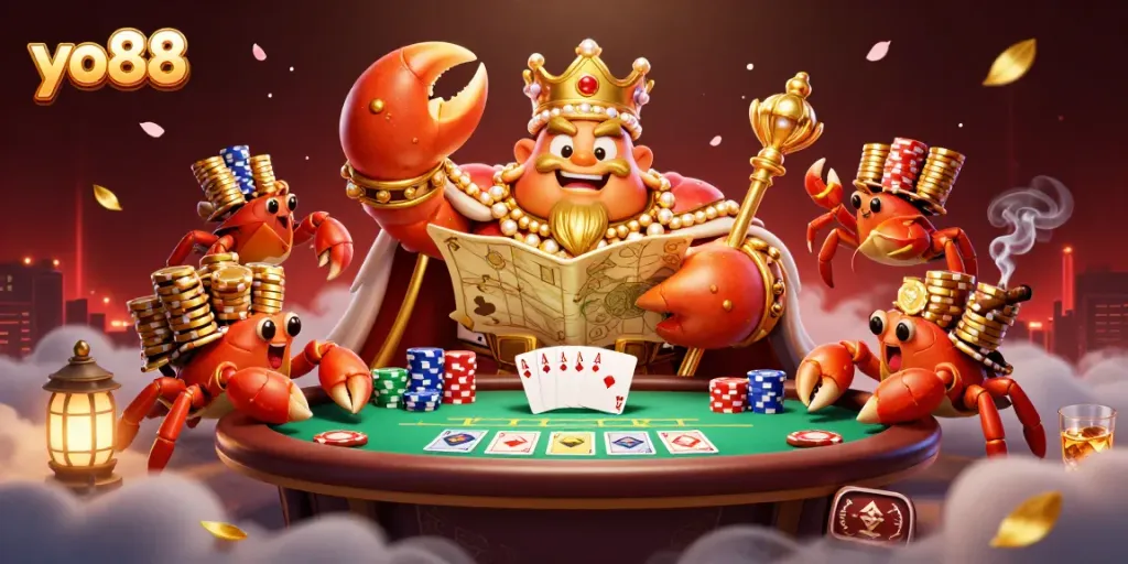 Win big at yo88 with a vibrant scene featuring a golden crab emperor and poker elements.