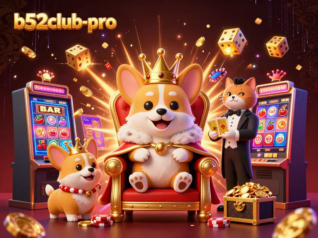Win big at b52club-pro with vibrant casino fun featuring royal corgi characters.