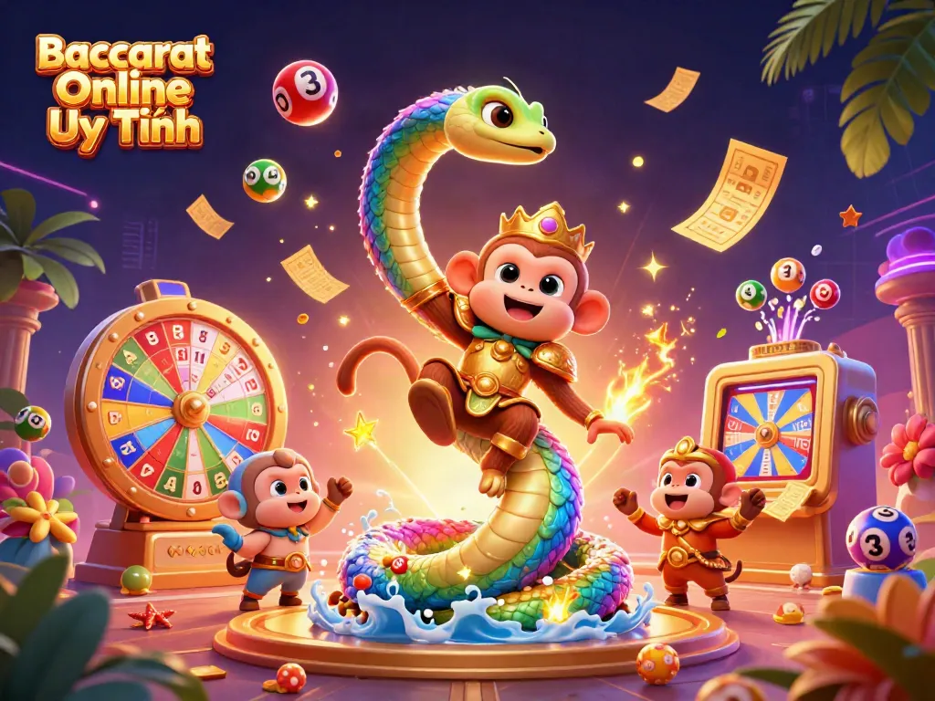 Baccarat Online Uy Tín illustration with a monkey king and a rainbow serpent in a vibrant casino-themed scene.