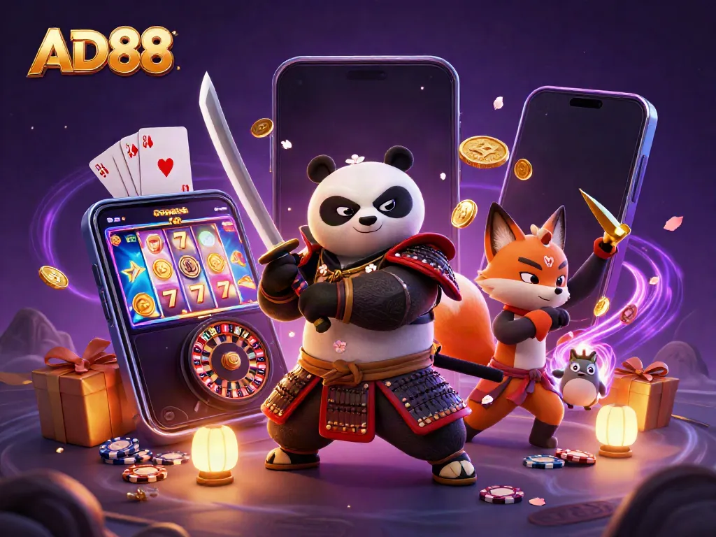 Experience engaging gaming action at AD88 with a samurai panda and dynamic casino elements.