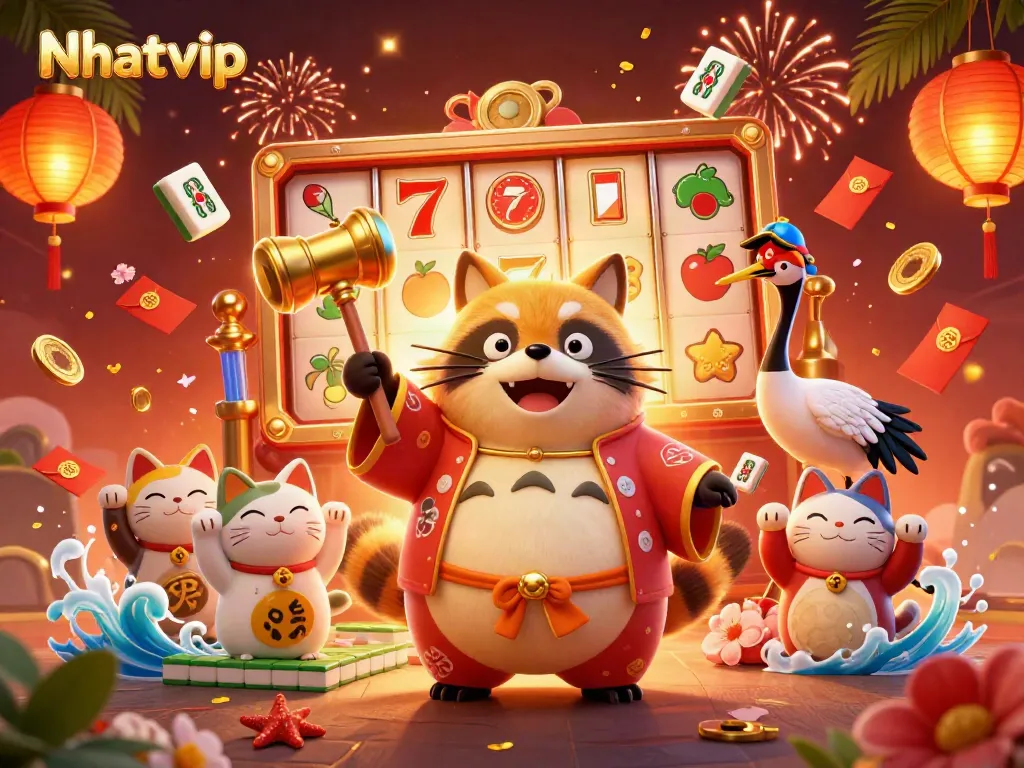 Nhatvip showcases a vibrant 3D illustration of a cheerful tanuki and a crane, surrounded by slot machines and festive elements.