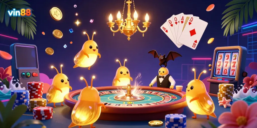 Experience vin88's dynamic casino adventure with glowing characters, vibrant games, and immersive atmosphere.