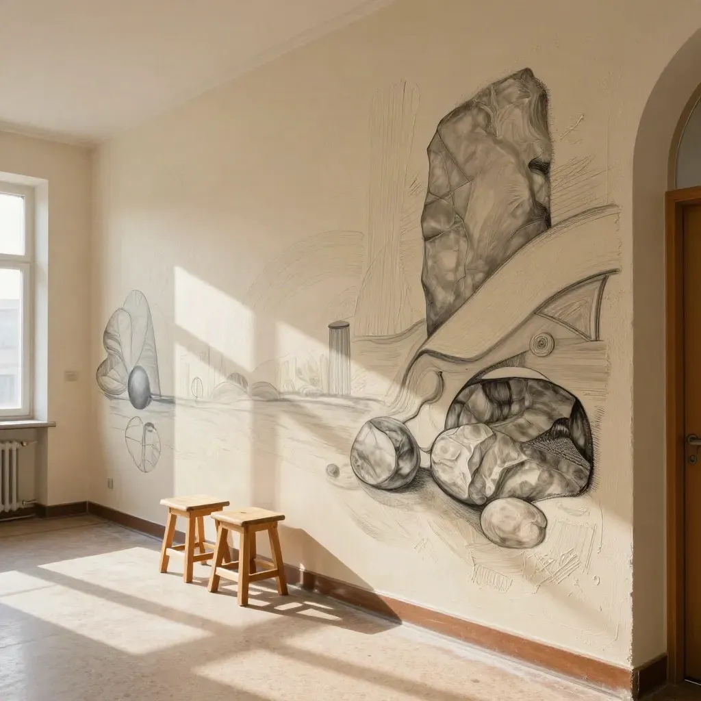 Gotowy mural w korytarzu szkoły plastycznej, obok odsunięte stołki i czysta podłoga.