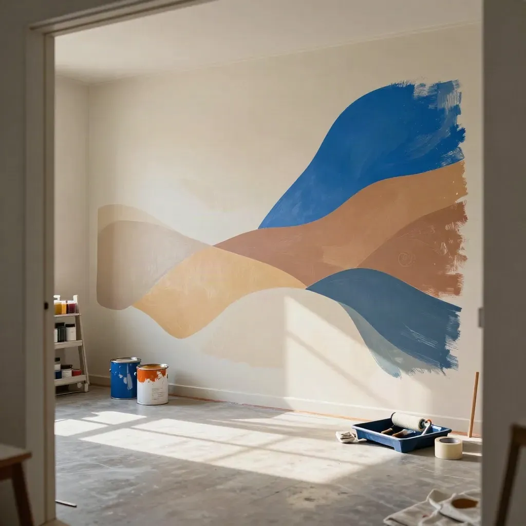 Kolorowy mural po warsztacie w pracowni, z puszkami farby i pustą podłogą.