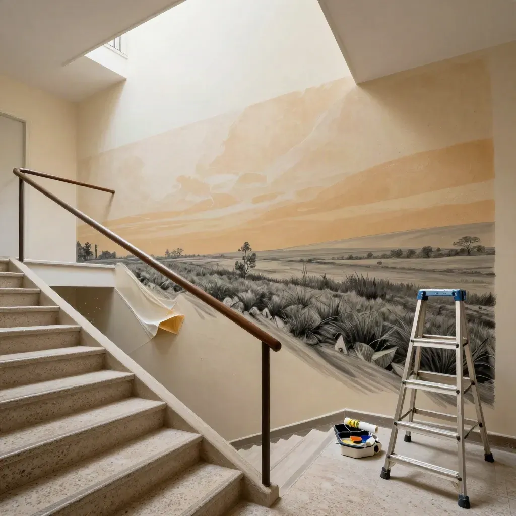 Gotowy mural na klatce schodowej domu kultury z odchylną folią i drabiną obok.