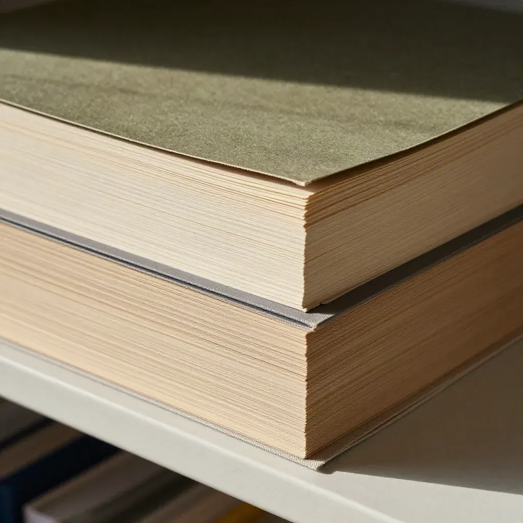 Warstwowe przekładki portfolio, narożniki montażowe i matowe koszulki w ciepłej kremowej tonacji.
