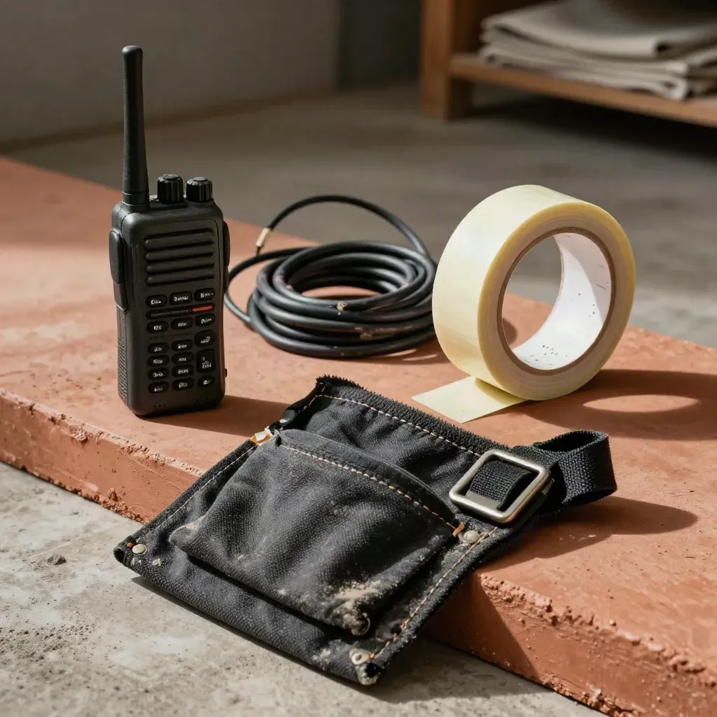 Walkie-talkie, zwinięty kabel, taśma i pas narzędziowy na terrakotowej powierzchni.