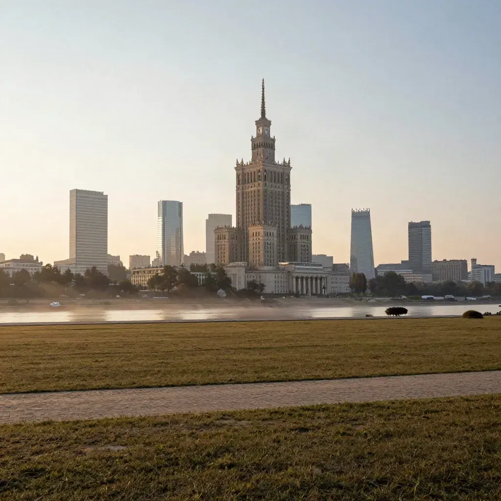Panorama Warszawy z Pałacem Kultury i wieżami w złotej mgle nad doliną Wisły.