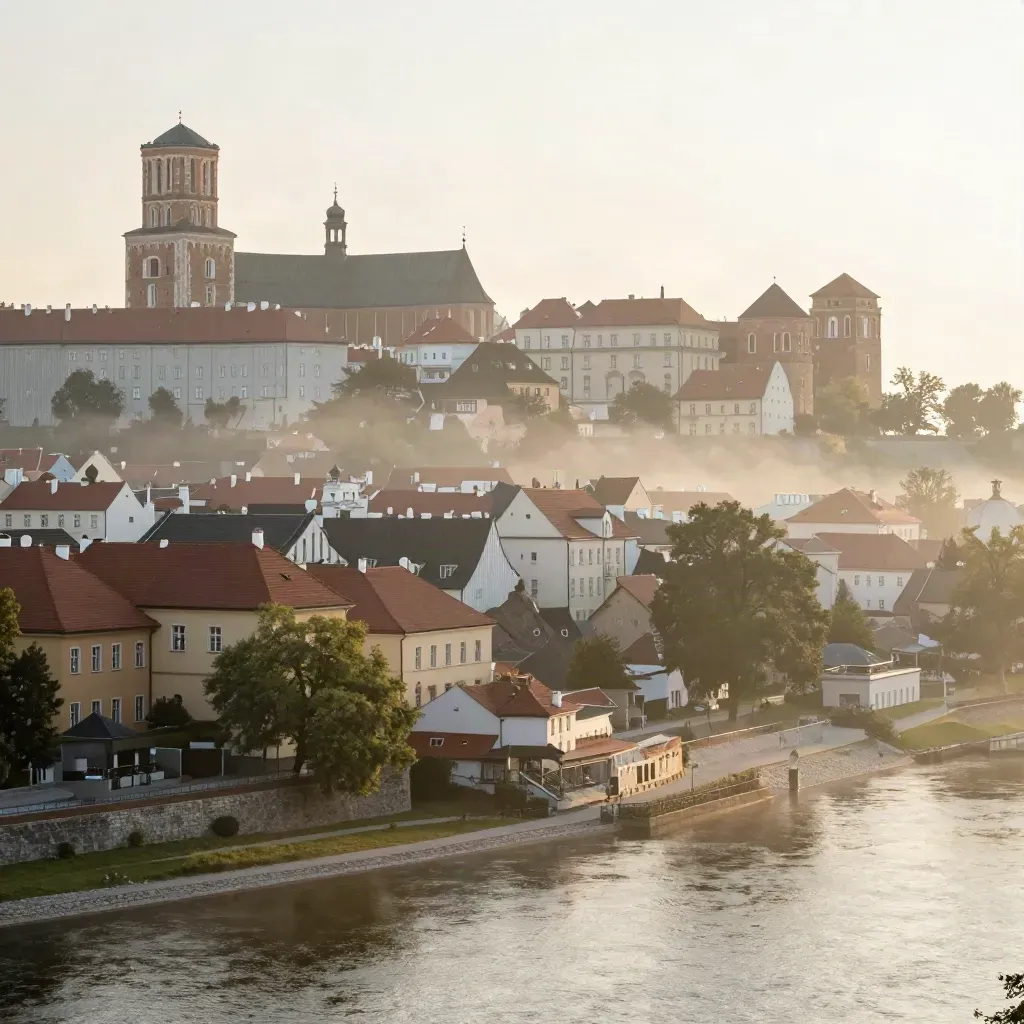 Mglista panorama Krakowa z Wawelem i Wisłą o świcie