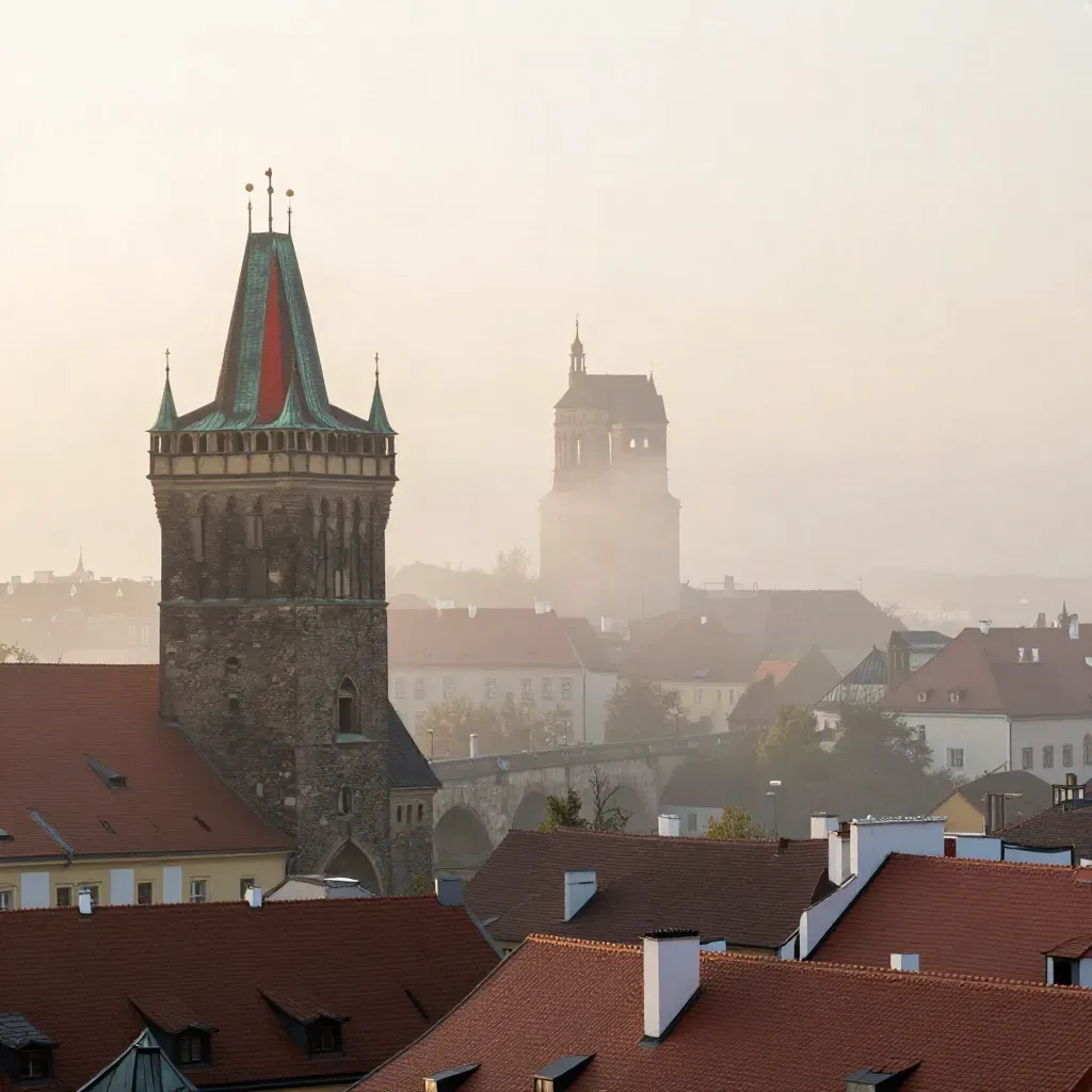 Wrocławskie wieże i dachy nad poranną mgłą, szeroki widok z wysokim spokojnym dołem kadru.