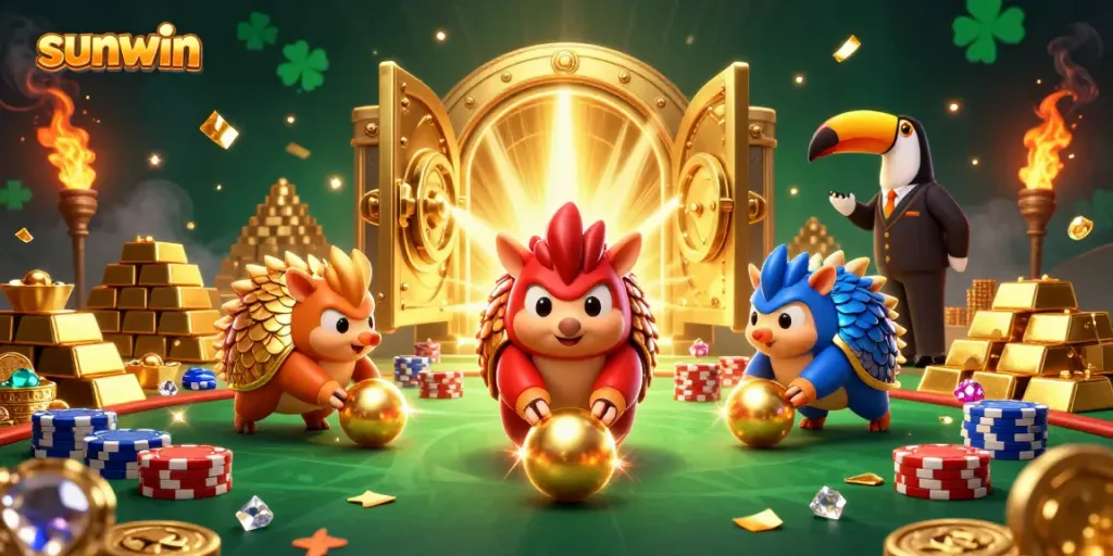 Engaging scene where sunwin pangolins compete in a vibrant casino atmosphere, rolling golden balls and throwing poker chips.