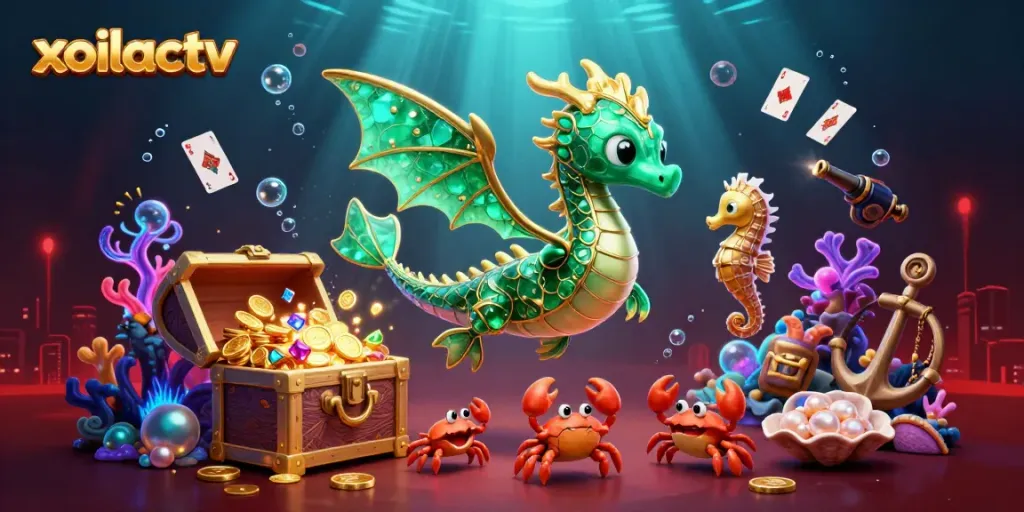Experience the action with xoilactv's vibrant sea dragon scene, bursting with treasures and casino elements.