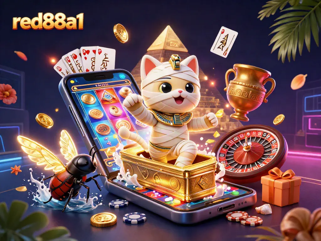 Engage in thrilling gaming at red88a1 with a vibrant casino scene featuring a mummy cat and glowing scarab.