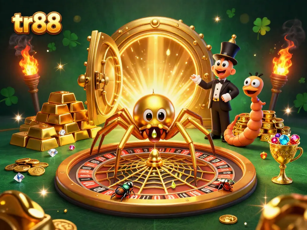Experience thrilling bets at tr88 with a golden roulette spider and vibrant casino treasure.