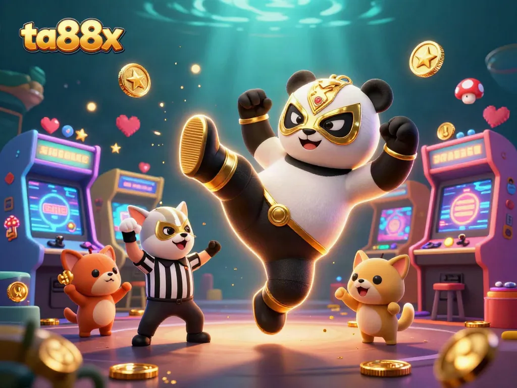 Engage with ta88x's exciting casino gaming scene featuring a lucha libre panda and festive animal crowd.