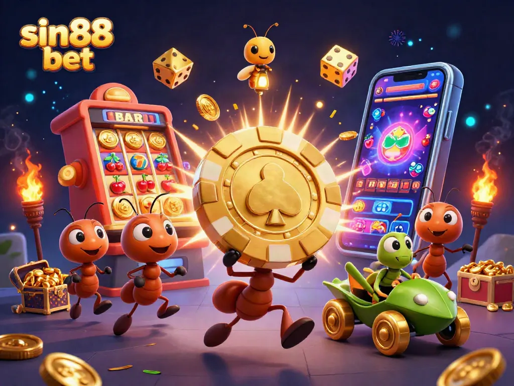 Experience sin88 bet fun with ants stealing a giant poker chip in a vibrant casino scene.