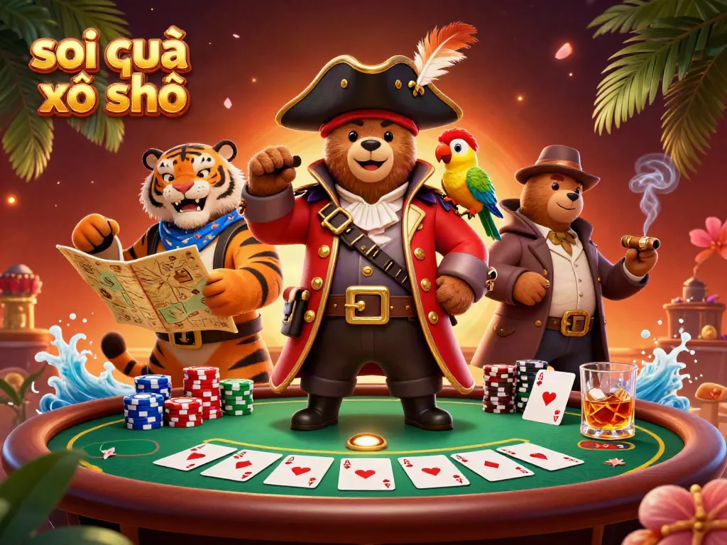 Engaging scene showcasing soi cầu xổ số with a cartoon bear pirate, tiger first mate, and vibrant poker elements.