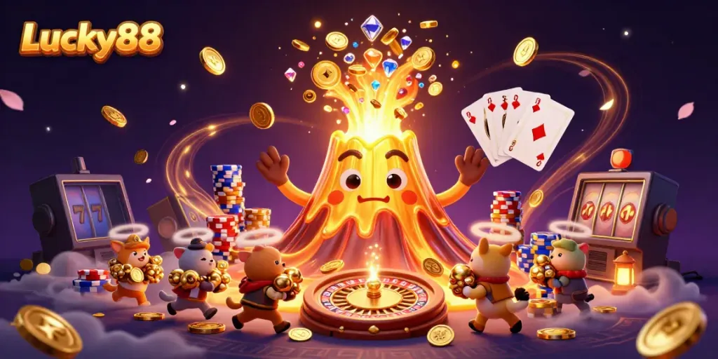 Engage with Lucky88's thrilling casino experience, featuring dynamic golden volcano and treasure hunters.