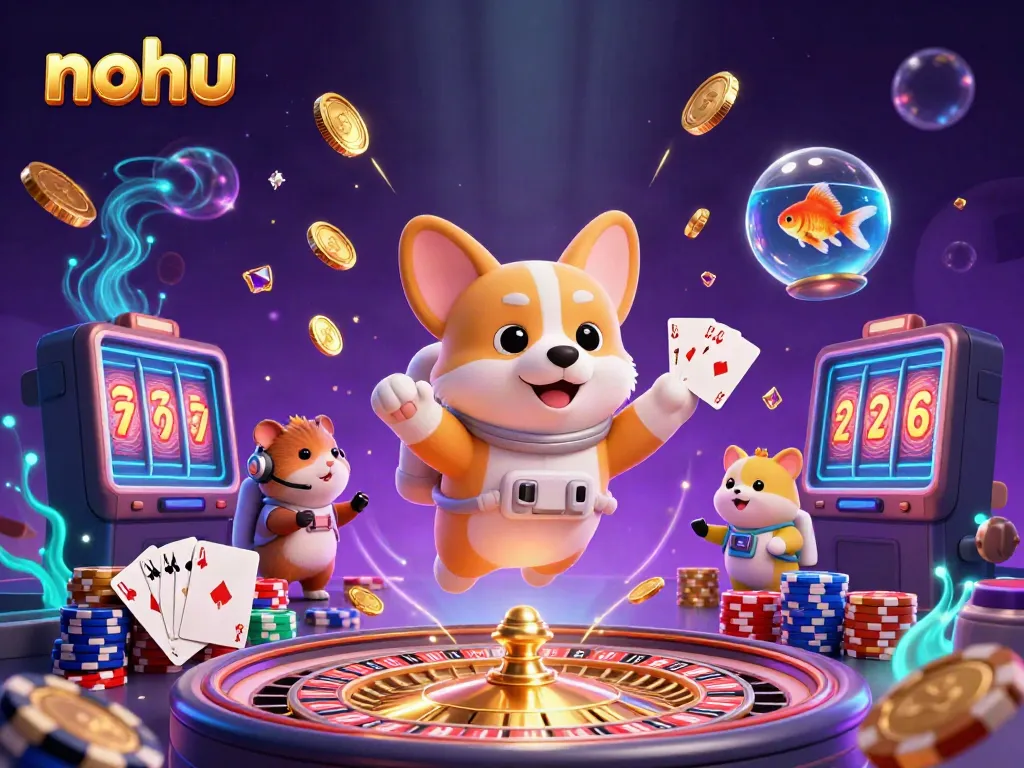 Engaging scene with nohu-themed characters and casino elements in a 3D digital illustration.