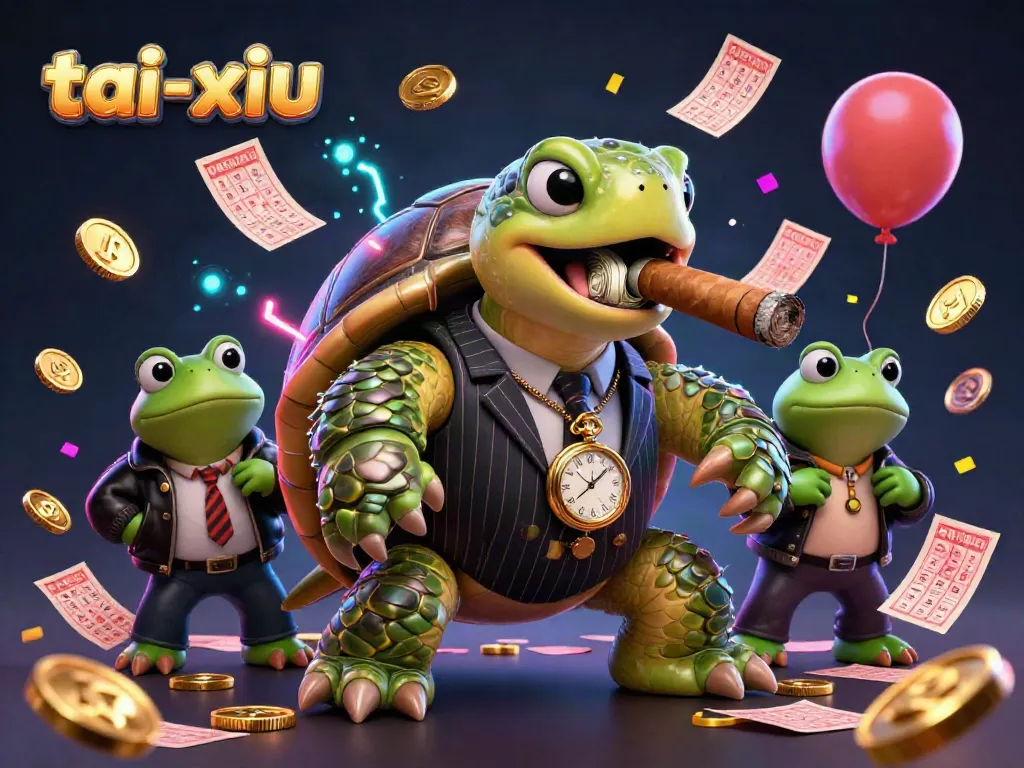 Engage in exciting tai-xiu gameplay with a vivid scene of a turtle mobster and bullfrog enforcers celebrating a lottery win.