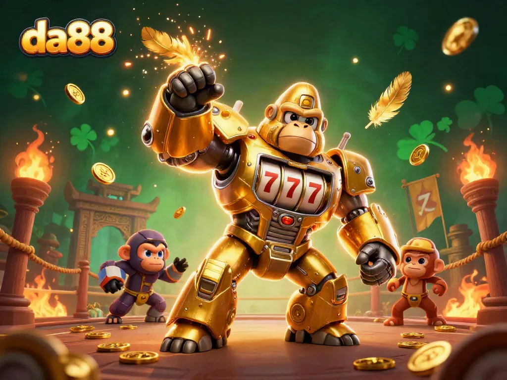 Experience thrilling action at da88 with a golden gorilla mech smashing through coins in a dynamic casino scene.
