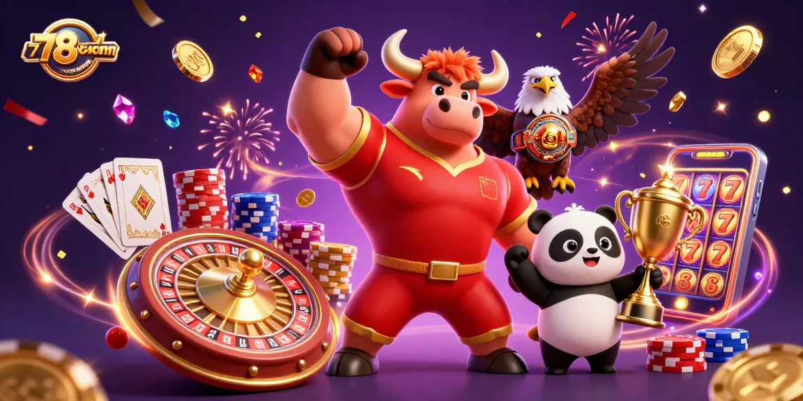 Experience the thrill of 78wincom net with a victorious bull, eagle, and panda celebrating in a casino