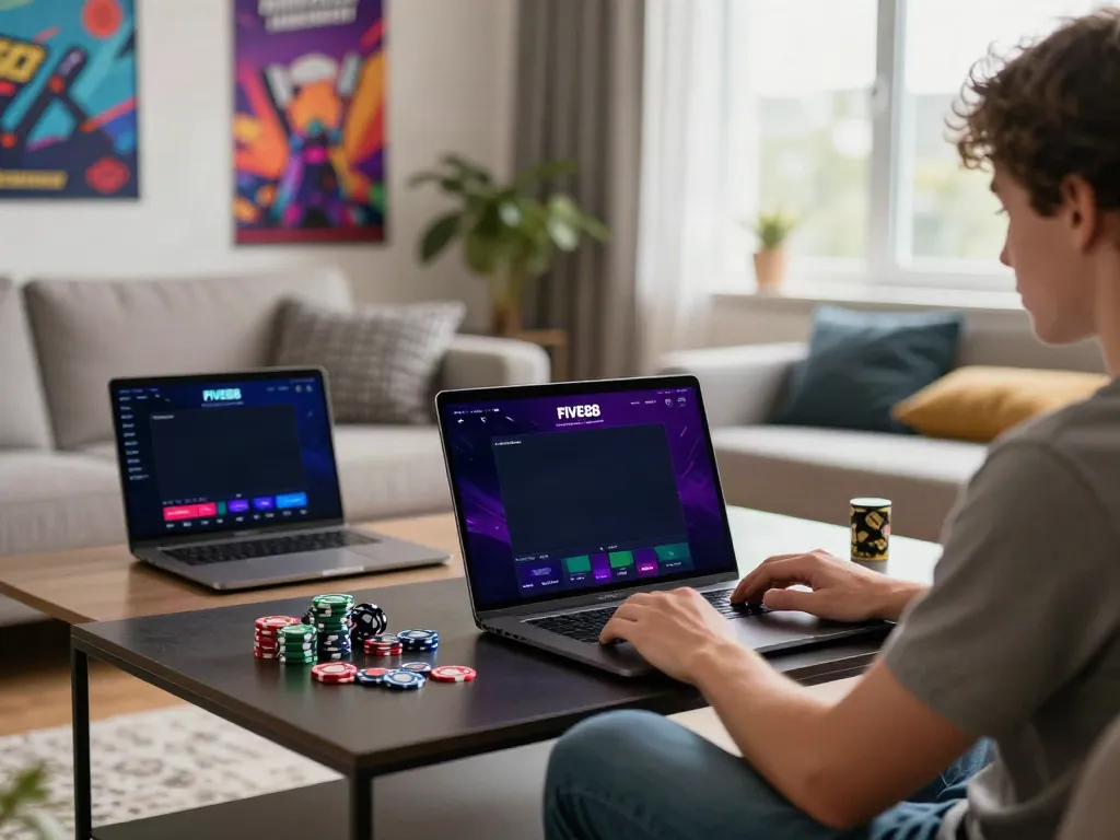 Engaged user exploring the FIVE88 online gaming app in a cozy living room.