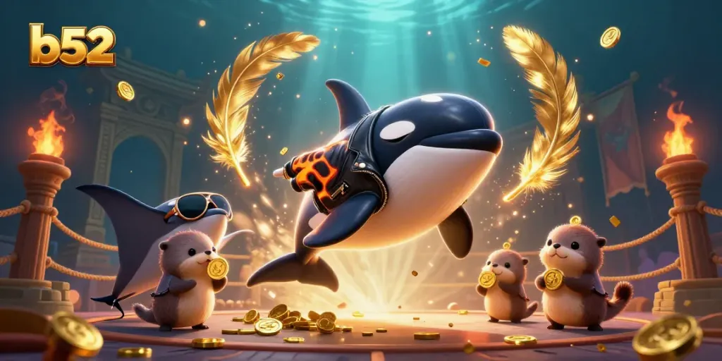 Bet on a b52 with orca whale and otters in a dynamic casino scene filled with golden coins.