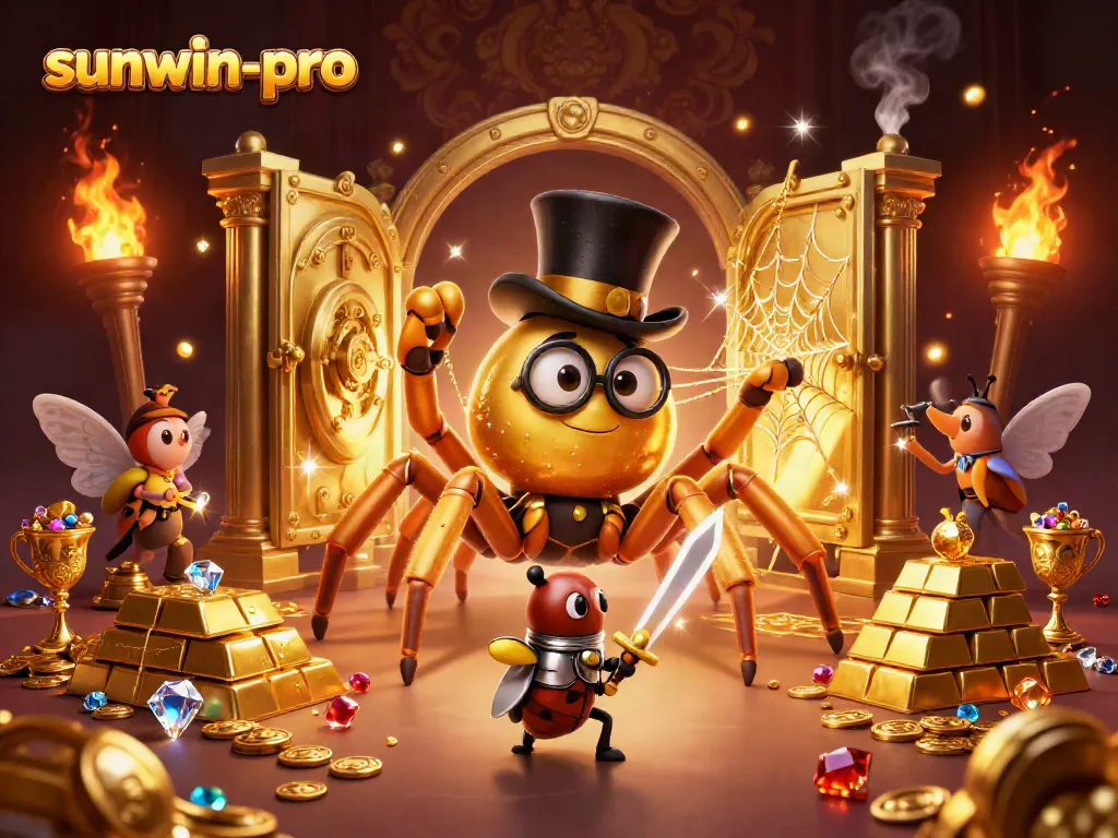 Engage with sunwin-pro in this vibrant casino scene featuring a giant golden tarantula and treasure vaults.