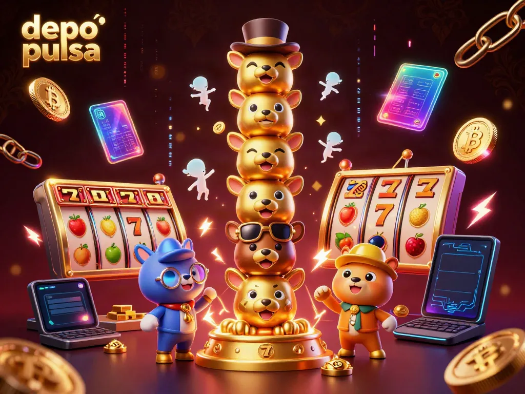 Engage with slot games using depo pulsa at BIOLABET, featuring a vibrant 3D casino illustration.