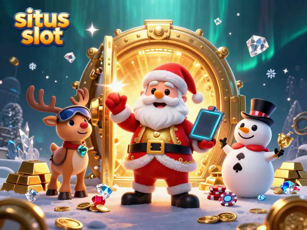 Experience excitement with situs slot as Santa and friends celebrate jackpots in a dazzling casino.