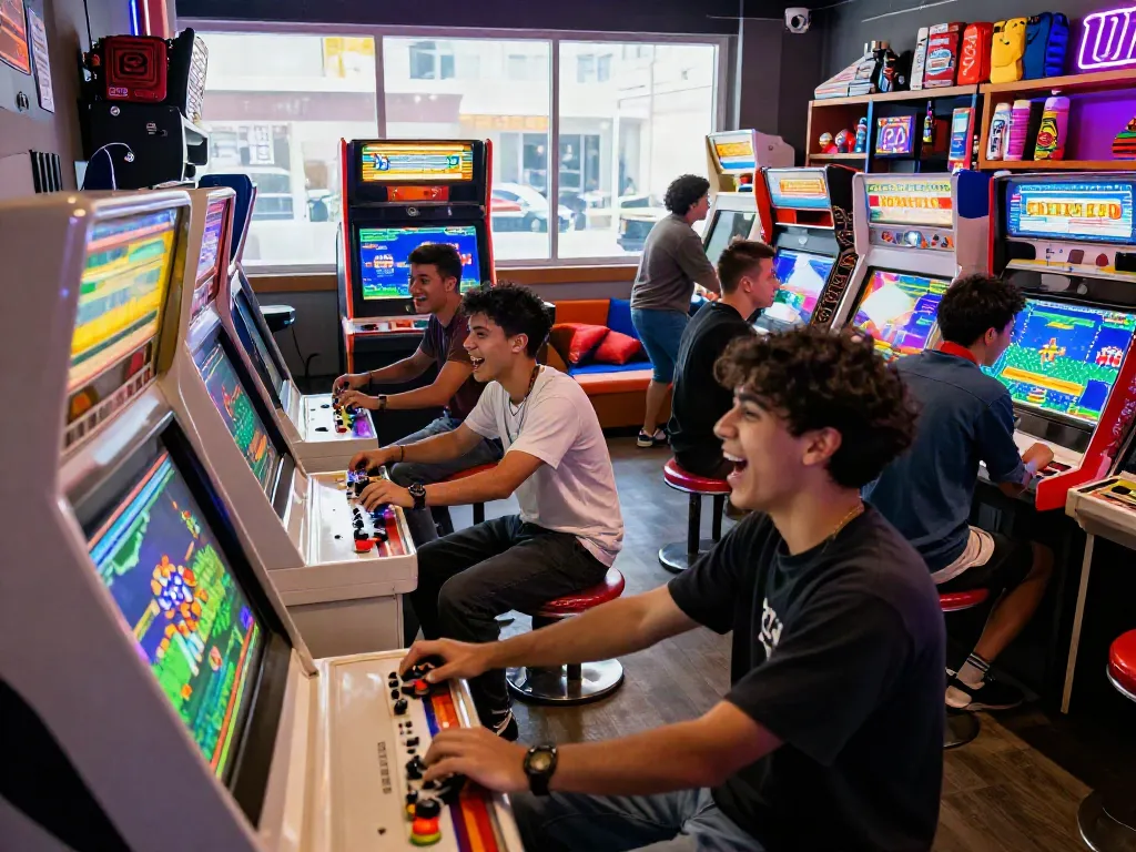 Friends enjoying classic arcade games at PECAH404, celebrating retro gaming nostalgia.