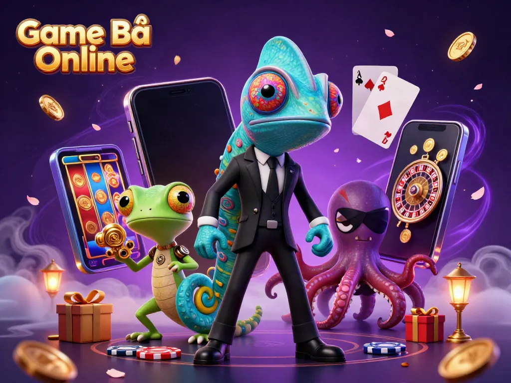 Experience thrilling gameplay at Game Bài Online with captivating characters surrounded by vibrant gaming elements.