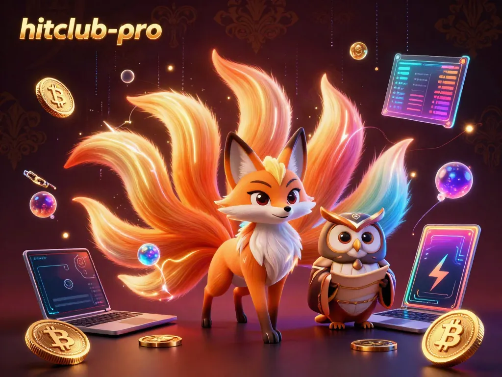 Win big with hitclub-pro, featuring a vibrant 3D fox spirit and crypto elements in a dazzling casino scene.