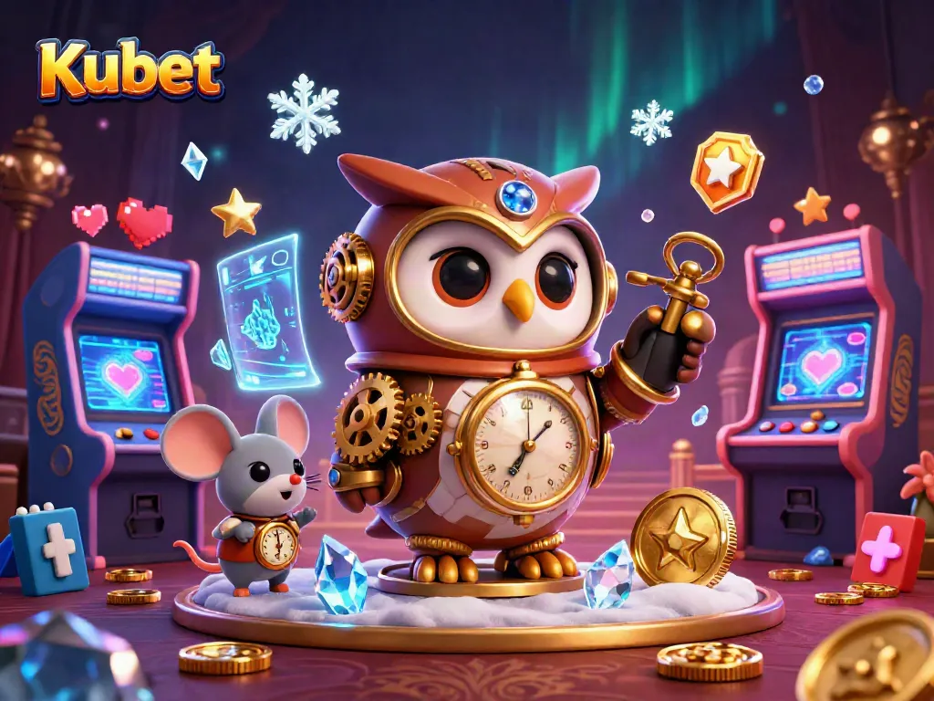 Kubet gaming scene with a steampunk owl and a clockwork mouse in a dynamic casino setting