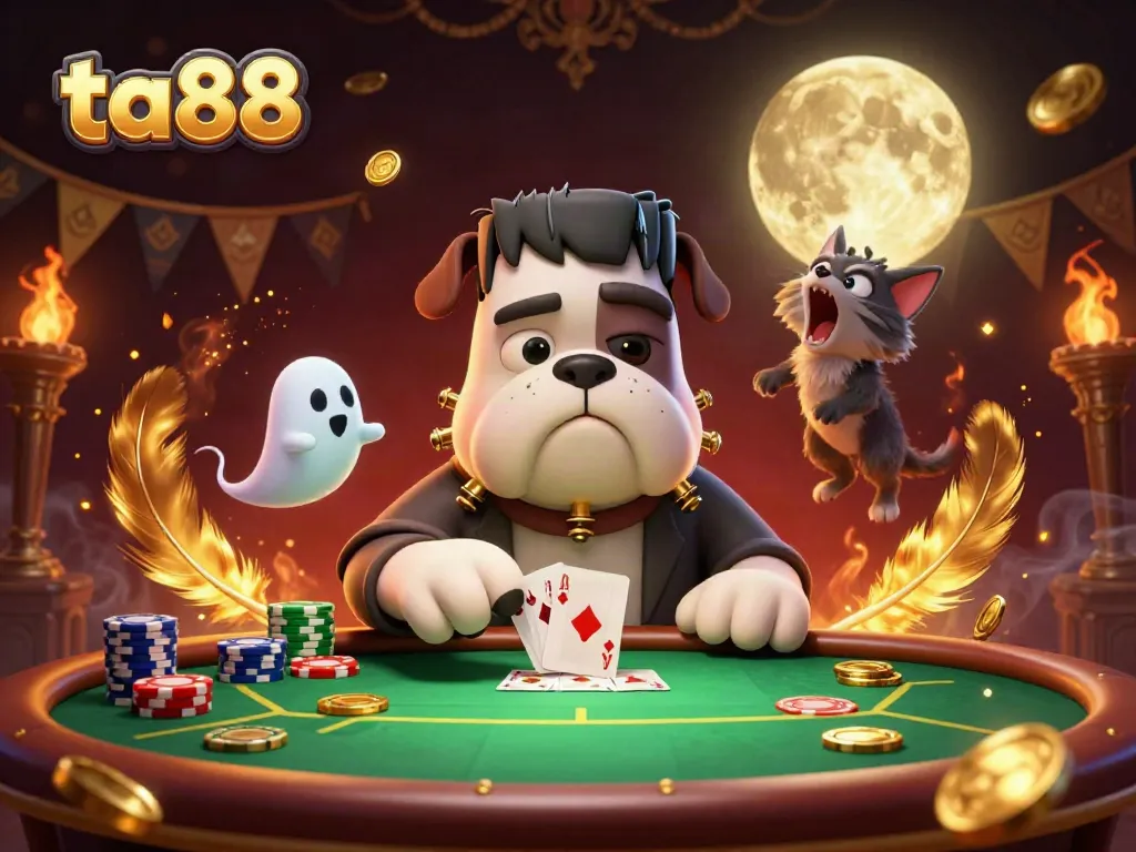 Experience ta88 excitement with a spooky poker game scene featuring unique 3D characters.