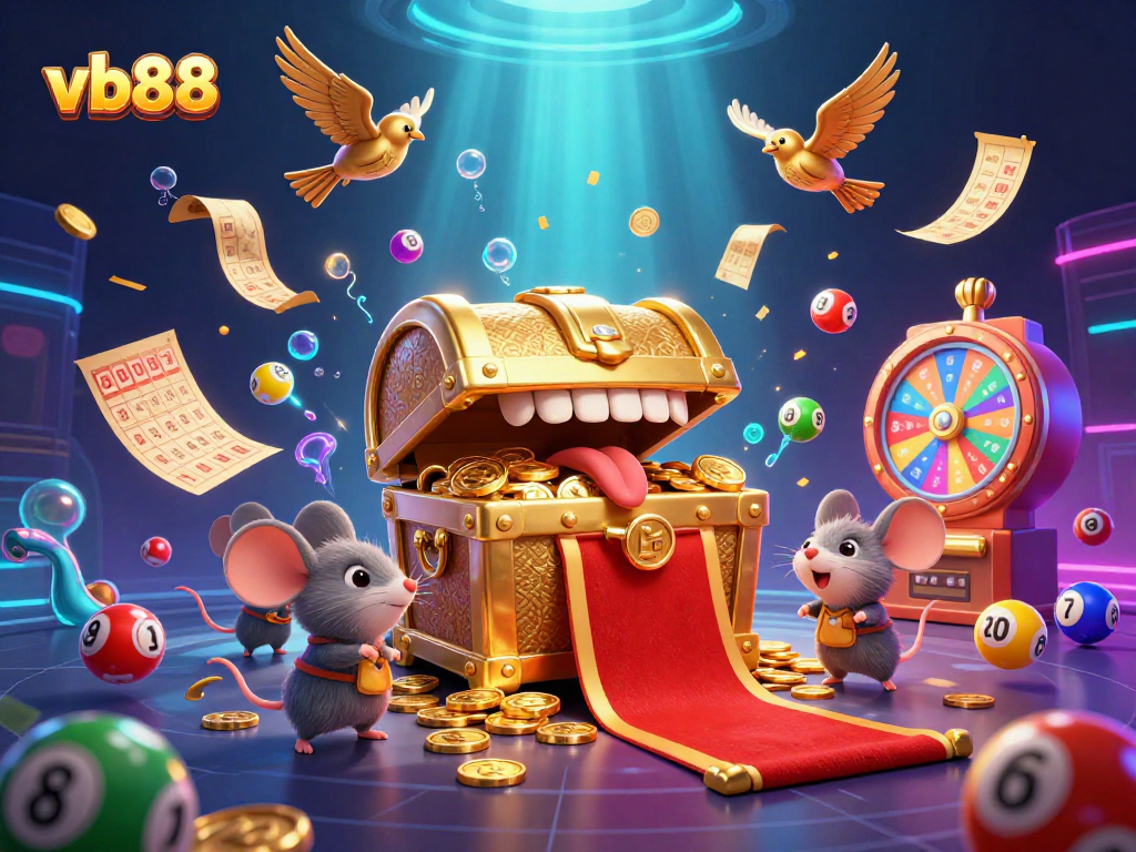 vb88 offers a thrilling gaming experience with colorful lottery balls spilling excitement and treasures.