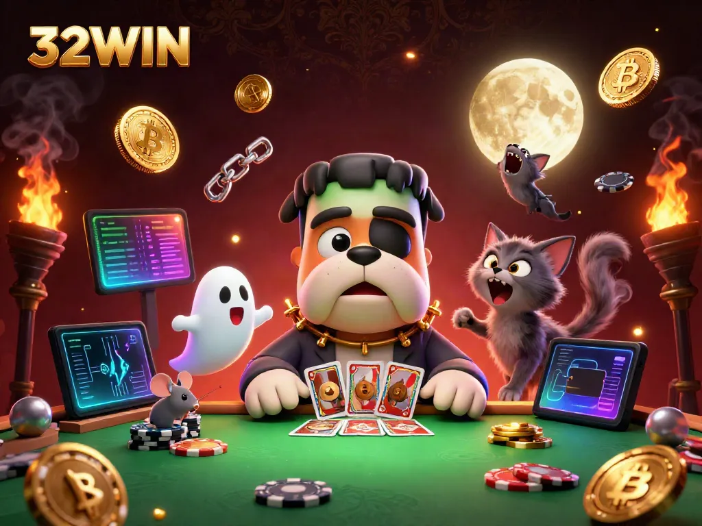 Experience thrilling gameplay at 32WIN with a captivating scene featuring a Frankenstein bulldog dealer, evoking excitement and fun!